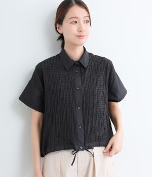 シアーチェック裾ドロストシャツ(ブラック-9)