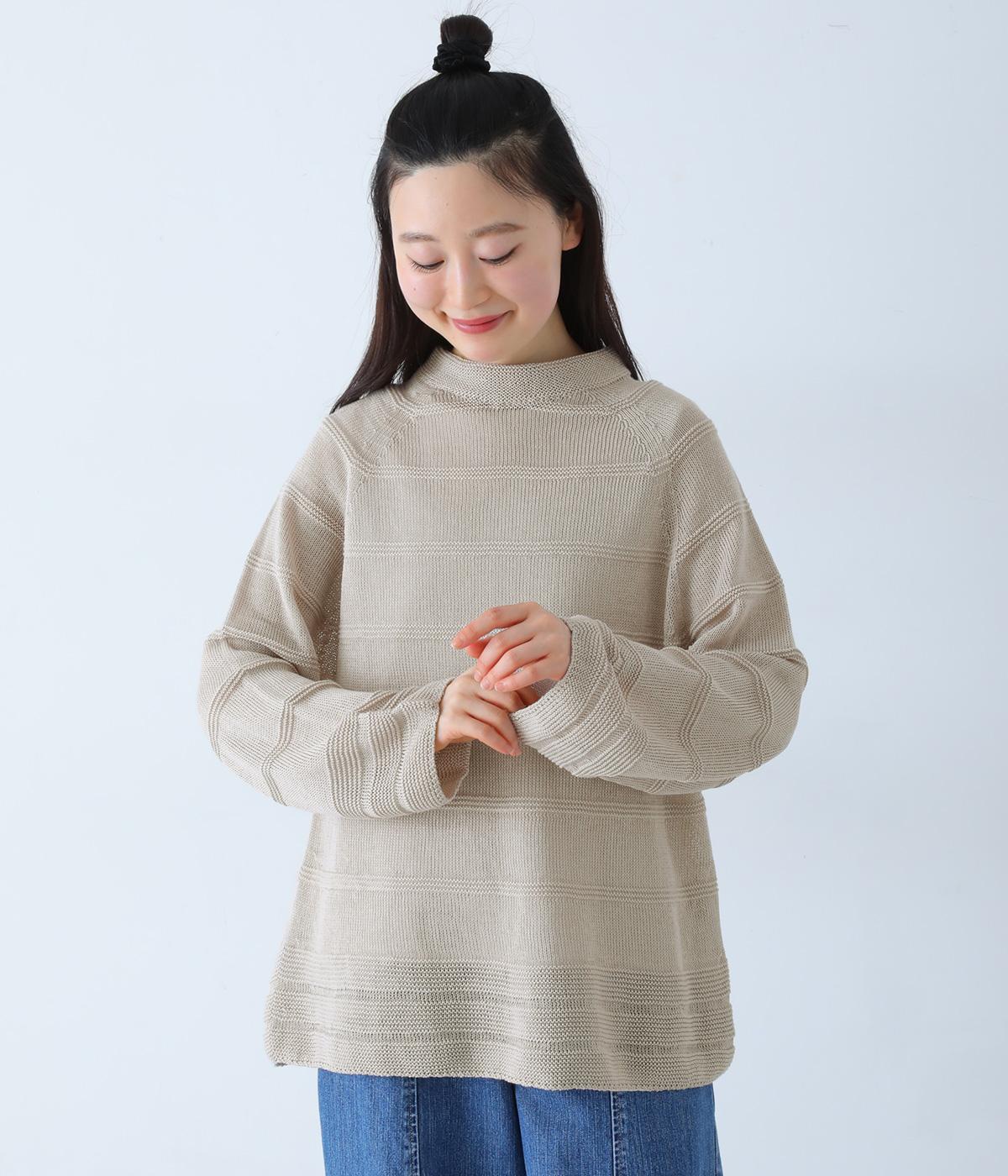 コットンハイネック長袖ニットプルオーバー(ベージュ-F)
