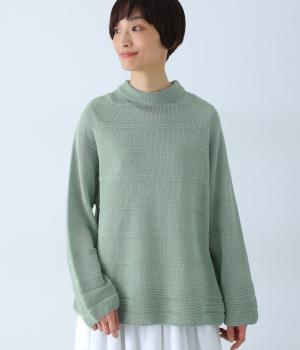 コットンハイネック長袖ニットプルオーバー(モスグリーン-F)