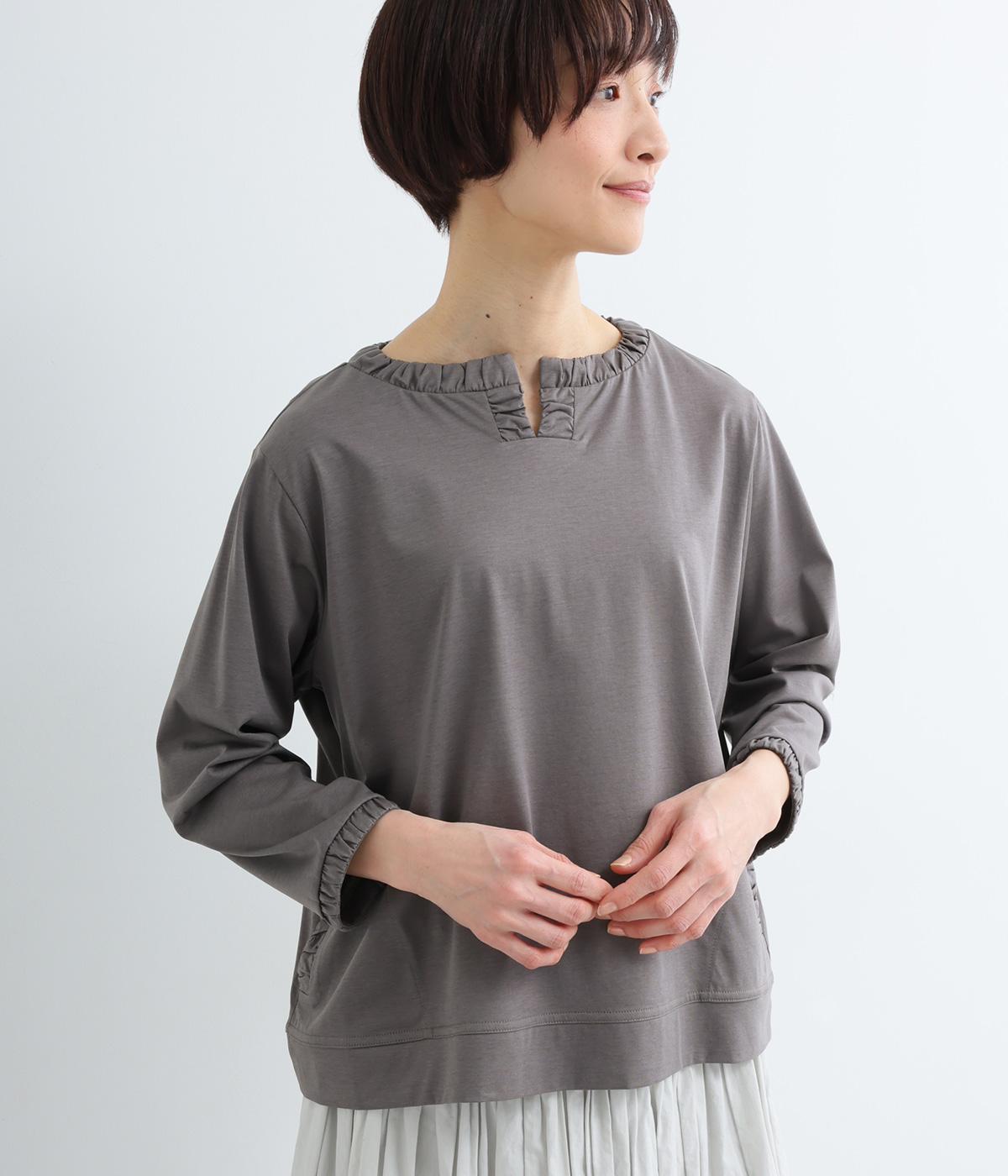 コットンギャザーキーネックプルオーバー(チャコール-F)
