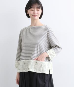 【LaLa que sera】レトロマルチボーダー&刺繍プルオーバー(ライトブルー×ブラウン-F)