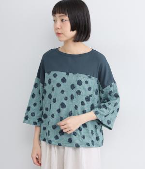 【LaLa que sera】ジャカードドットワッシャー切替Tシャツ(ターコイズ-F)