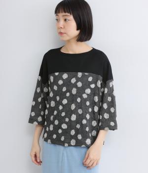 【LaLa que sera】ジャカードドットワッシャー切替Tシャツ(ブラック-F)