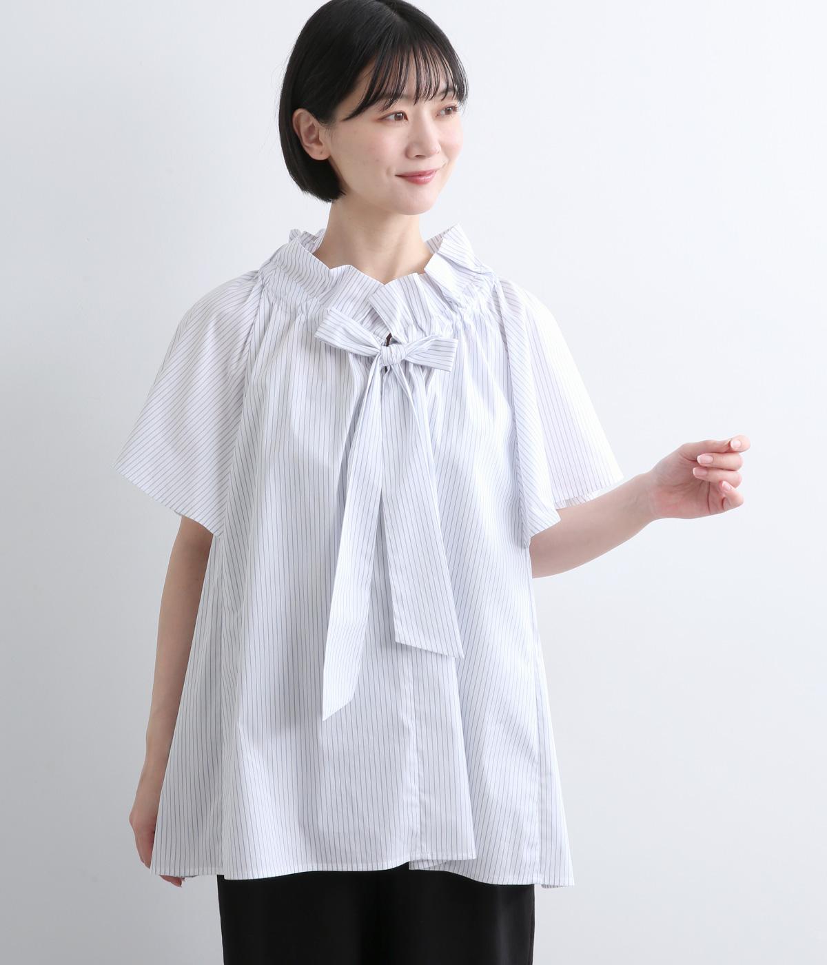 ストライプフリルリボンブラウス(ホワイト-F)