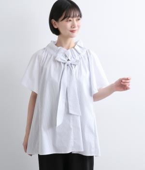 ストライプフリルリボンブラウス(ホワイト-F)