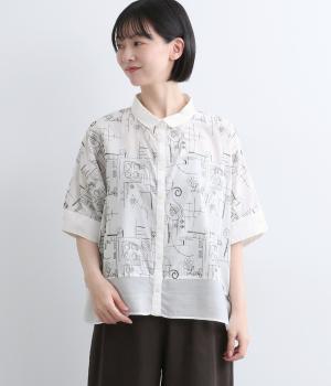 布帛刺繍×カットソー丸襟ワイドシャツ