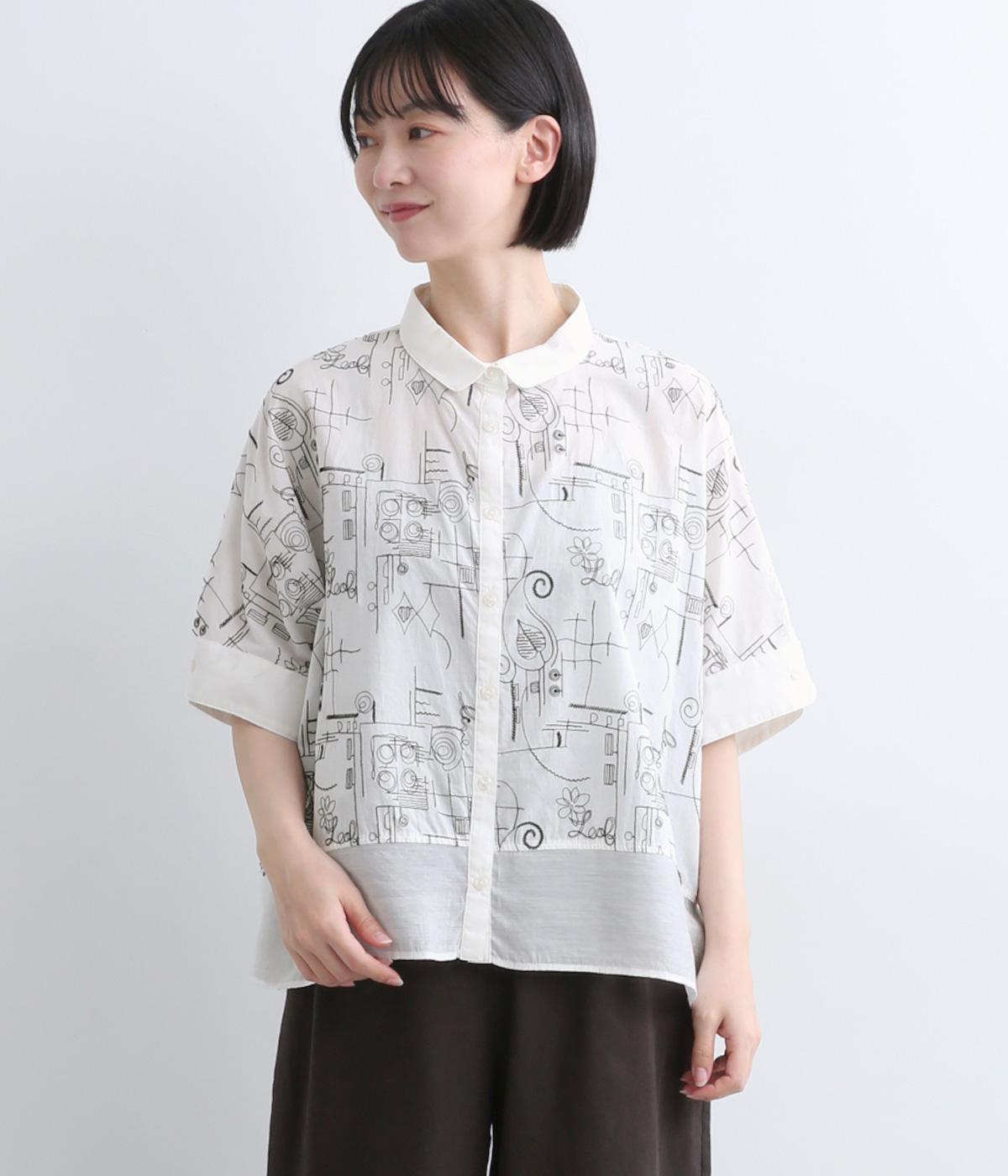 布帛刺繍×カットソー丸襟ワイドシャツ(ホワイト-F)