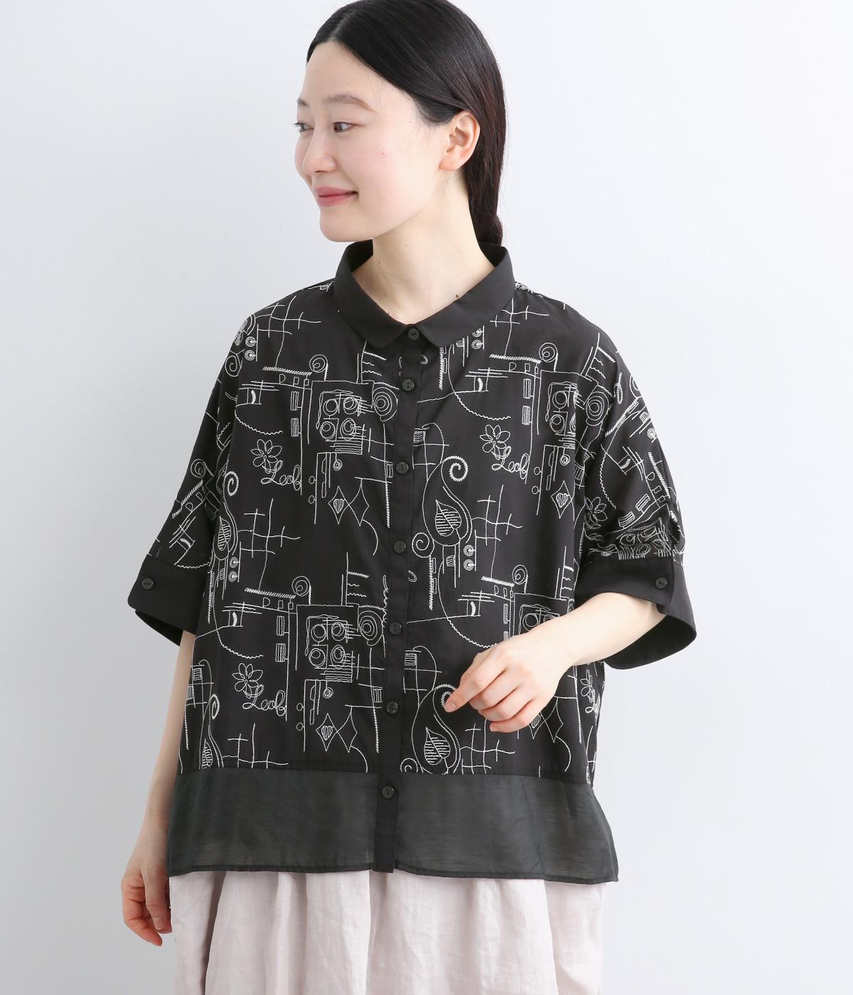 布帛刺繍×カットソー丸襟ワイドシャツ(ブラック-F)