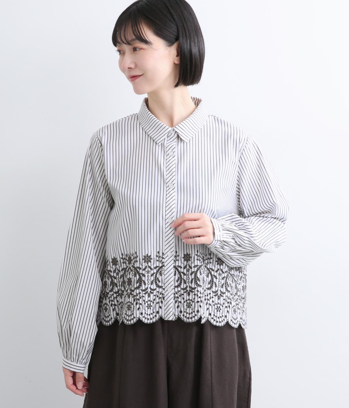 ストライプ×カットワーク刺繍シャツ(ホワイト-38)