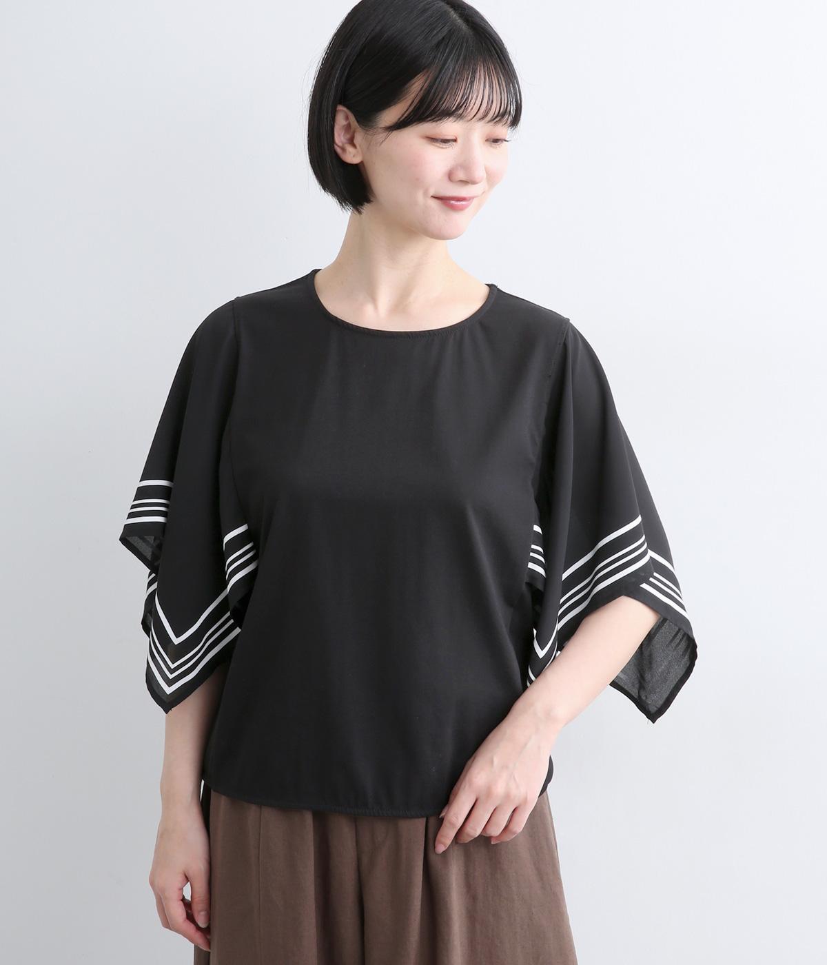 カットソー×梨地ジョーゼット袖プルオーバー(ブラック-9)