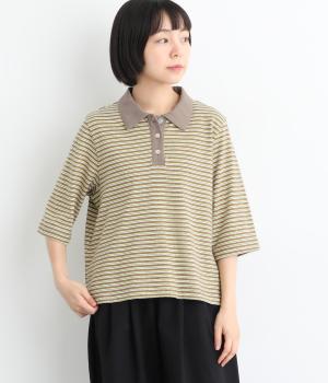 【LaLa que sera】マルチボーダー　ポロTシャツ(ローアンバー×イエローボーダー-F)