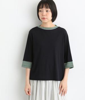【LaLa que sera】強撚フライス×マルチボーダー　トリムTシャツ(ネイビー×グリーンボーダー-F)