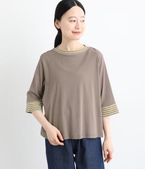 【LaLa que sera】強撚フライス×マルチボーダー　トリムTシャツ(ローアンバー×イエローボーダー-F)