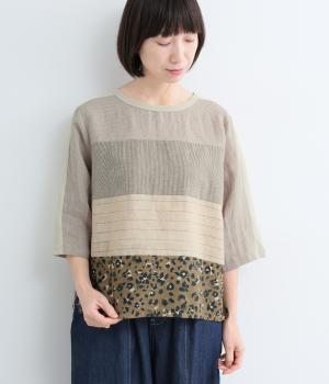 シルケットバイオ天竺  コットンリネン切り替えTシャツ(ベージュ×ブラウン系-F)