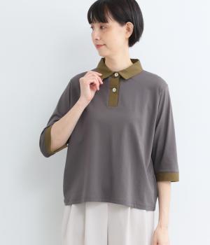 コットン切り替え2つボタンポロシャツ(チャコール×チャ-F)