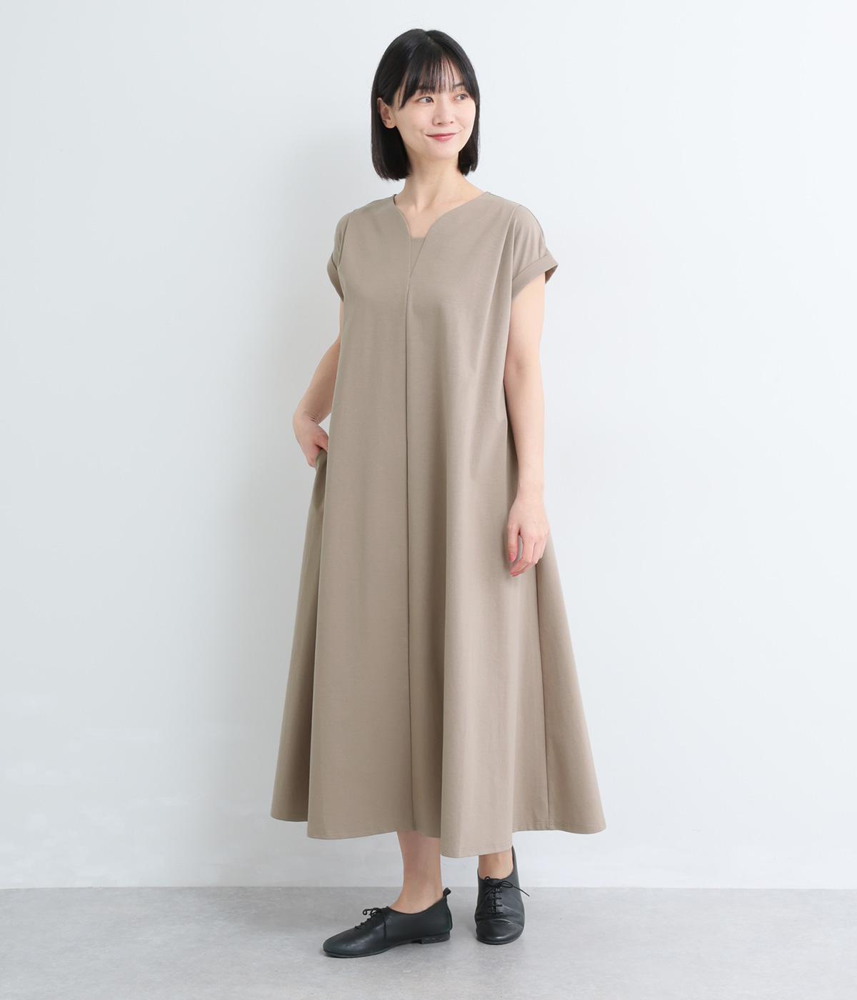 Vネックカットソーワンピース(グレージュ-F)