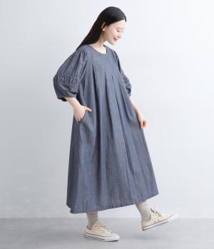 コットンデニムティアードギャザースリーブワンピース(ネイビー-F)