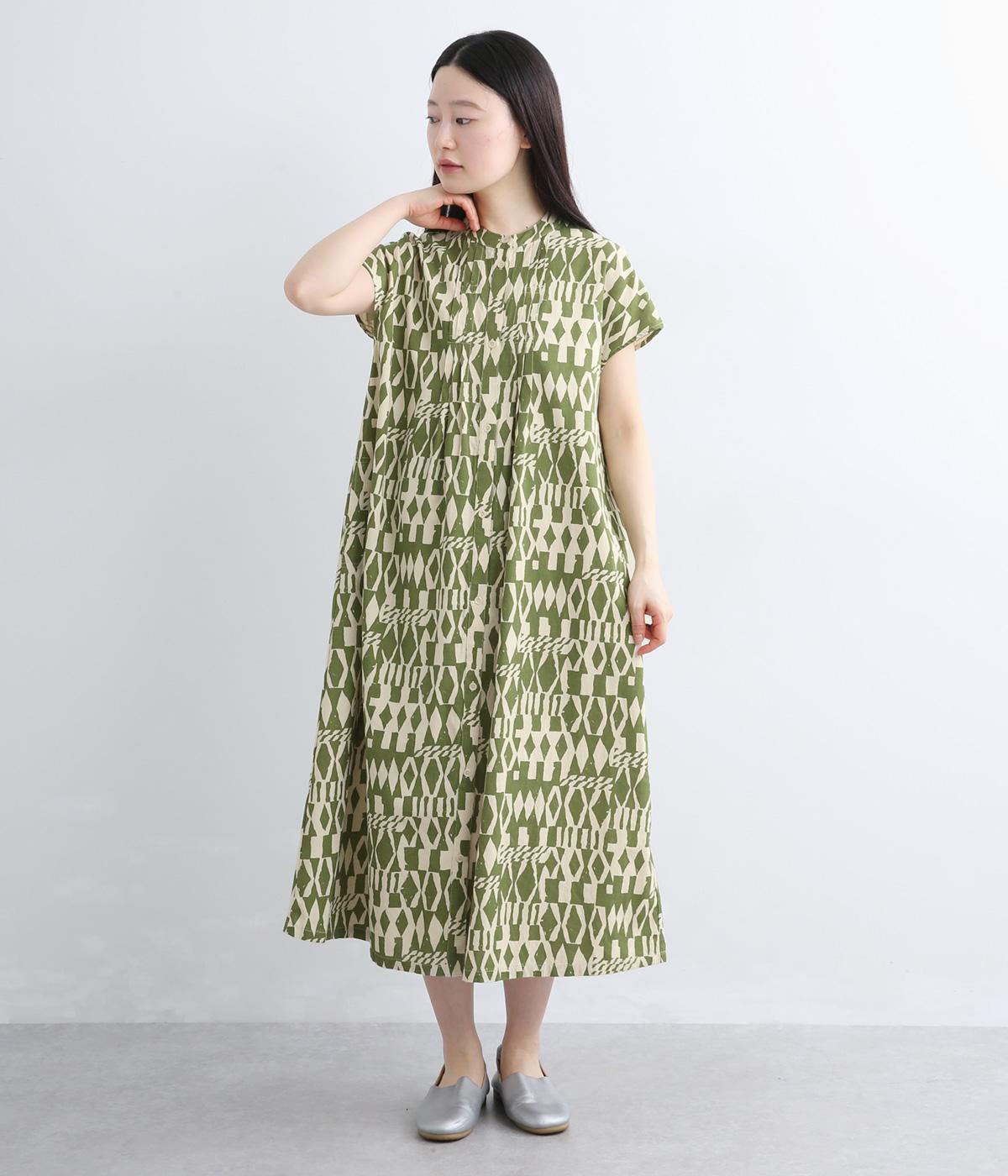 布帛プリント×カットソー　ピンタックワンピース(カーキ-F)
