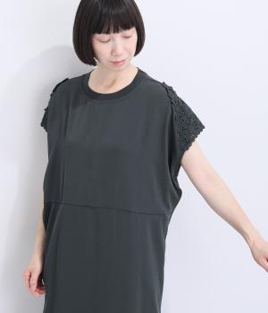 接触冷感レースバックギャザーワンピース(ブラック-F)