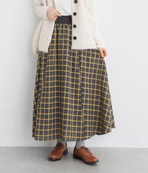 【La La que sera 】ワッシャーチェックウエストリブスカート（黒地×イエローチェック・F）