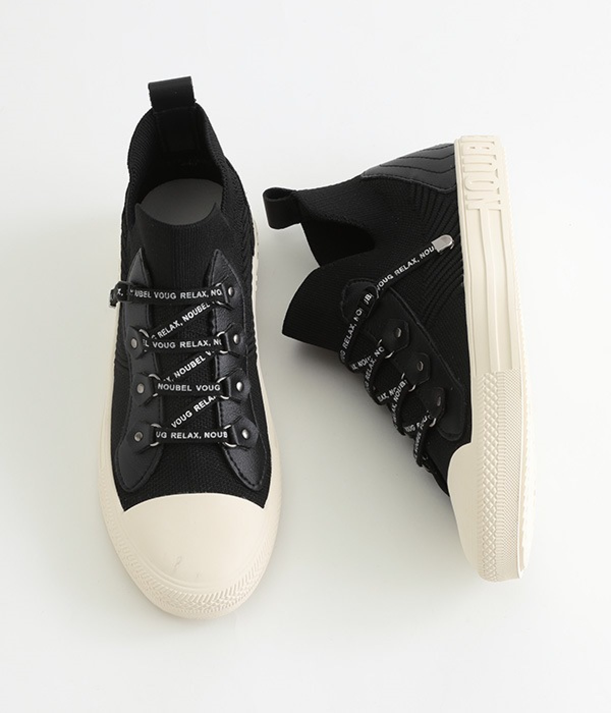 軽量レースアップ　ニットハイカットスニーカー(ブラック-230)