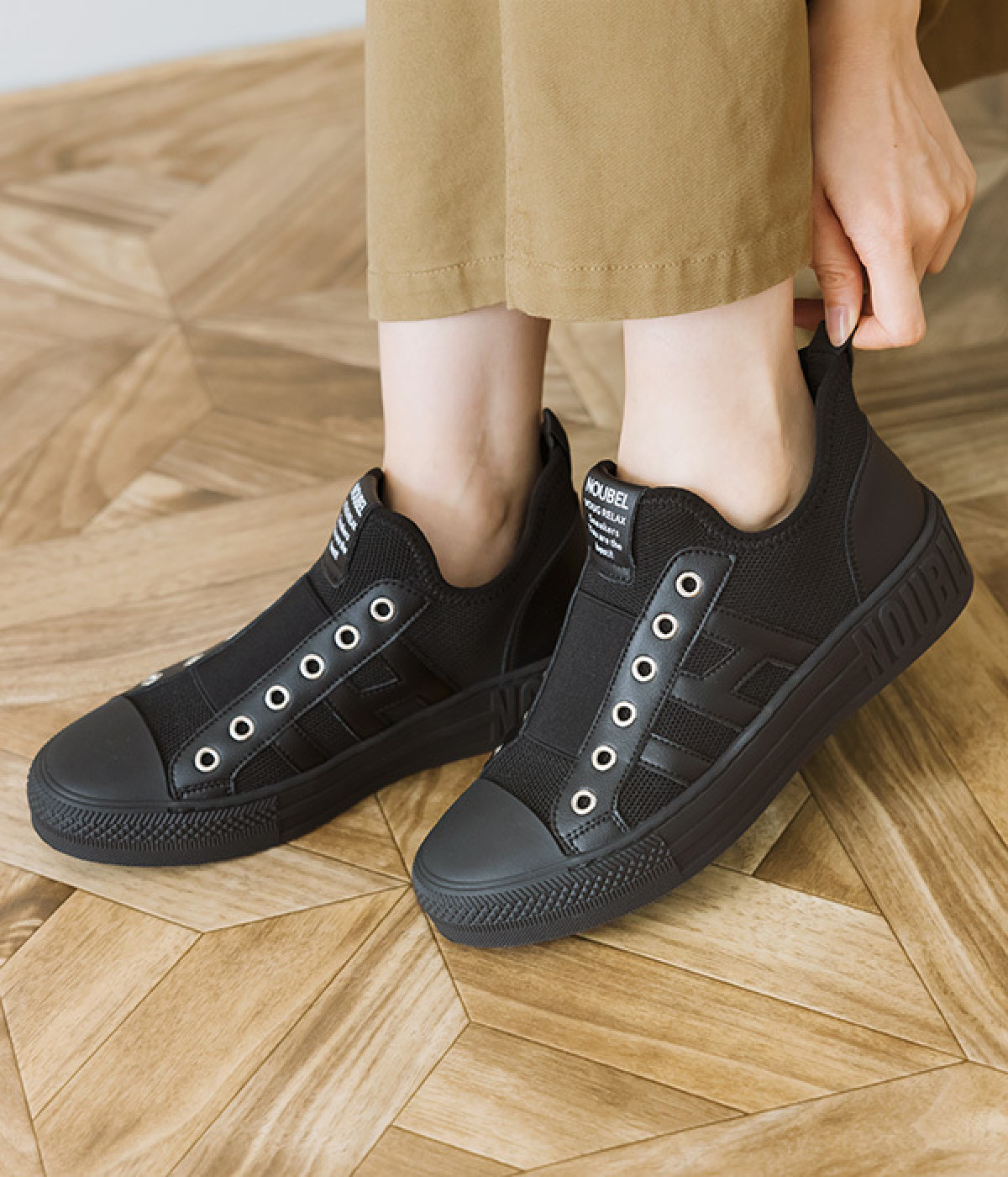 紐なし　ハイカットスニーカー(ブラック×ブラック-230)