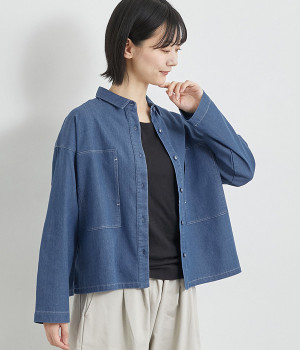 デニムポケ付き幅広シャツ(INDIGOブルー-ONESIZE)