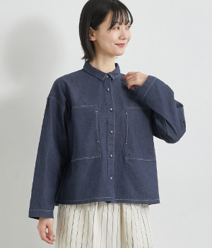 デニムポケ付き幅広シャツ(INDIGOネイビー-ONESIZE)