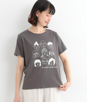 コットン天竺顔イラストプリントTEE(チャコール-ONESIZE)