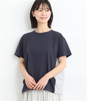 コットン天竺ストライプ切替コクーンプルオーバー(ネイビー×オフ地ネイビーストライプ-ONESIZE)