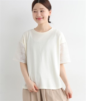 コットン天竺かぎ針レース袖プルオーバー(ナチュラル-ONESIZE)