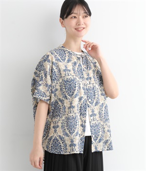 ダマスク柄BACKギャザーブラウス(ブルー-ONESIZE)