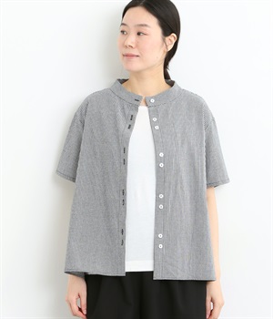 コットン柄ちびハイネックBACKフレアシャツブラウス(ネイビーギンガム-ONESIZE)