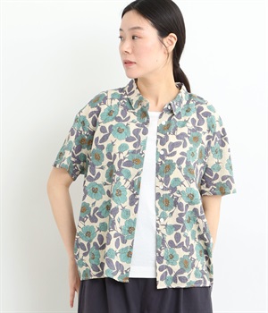 花柄ちび襟BACKフレアブラウス(ブルー-ONESIZE)