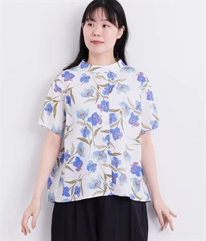 コットン水彩花柄ちびハイネックブラウス(ブルー-ONESIZE)