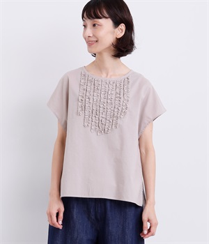 コットンリネンフリルギャザーブラウス(グレージュ-ONESIZE)