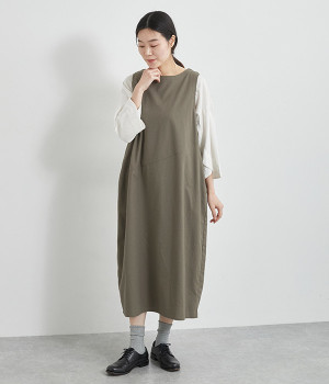 リネンブレンドアシメ切替コクーンジャンパースカート(カーキ-ONESIZE)