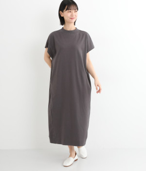 コットン天竺リブ使いロングワンピース(チャコール-ONESIZE)