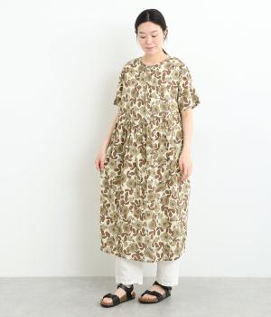 花柄切替ギャザーワンピース(ベージュ-ONESIZE)