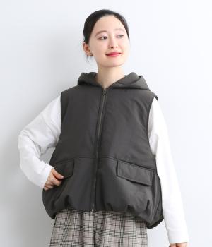 裾バルーン中綿フードベスト(チャコール-F)