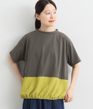 ぽこぽこバイカラー裾ギャザープルオーバー(チャコール×ライム-F)