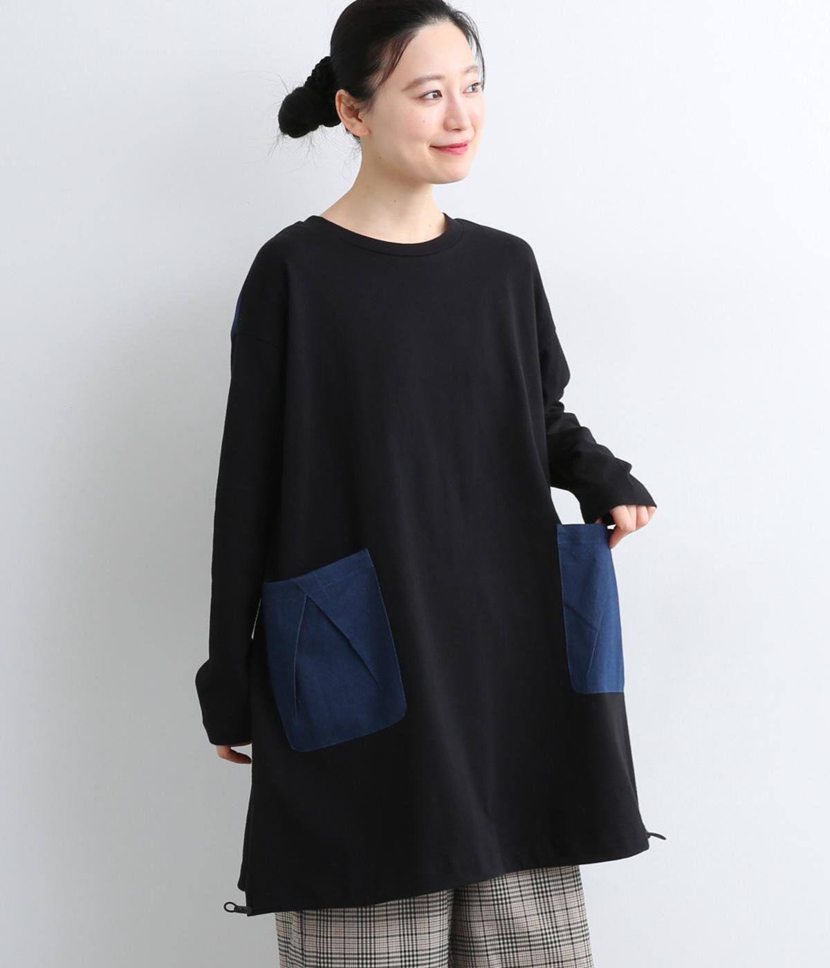 デニムポケ付き裾ドロストチュニック(クロ-F)
