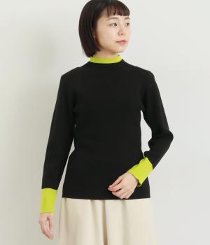 バイカラーリブニットプルオーバー(クロ×ライム-F)