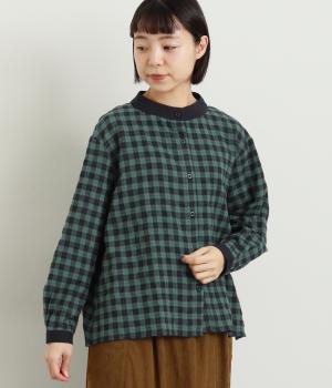 コットンチェックちびハイネックブラウス(グリーン-F)
