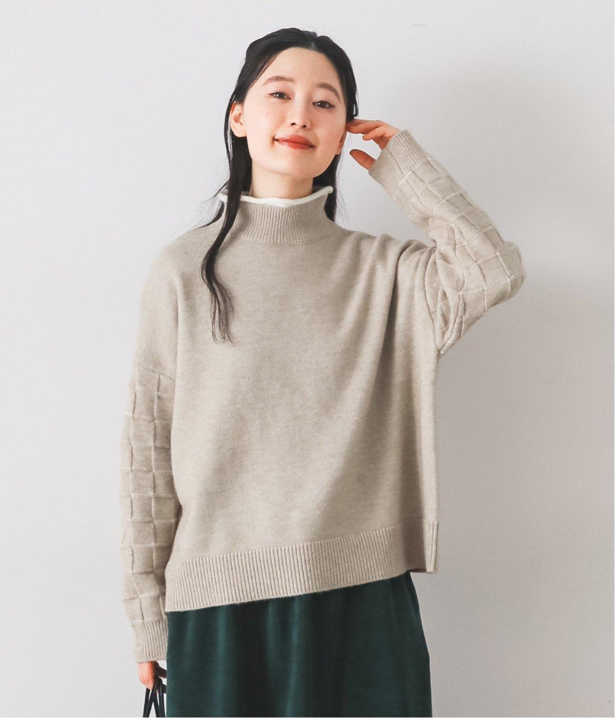 格子柄ハイネックニットプルオーバー(ベージュ-F)