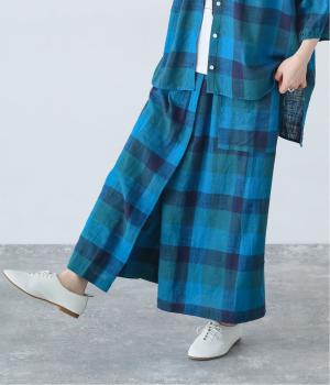 コットンブロックチェックラップパンツ(ブルー-F)