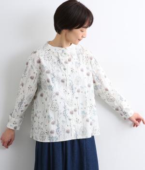 コットン花柄ちびハイネックブラウス(オフ-F)