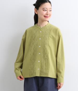 コットンスカラ刺しゅう前開きブラウス(グリーン-F)