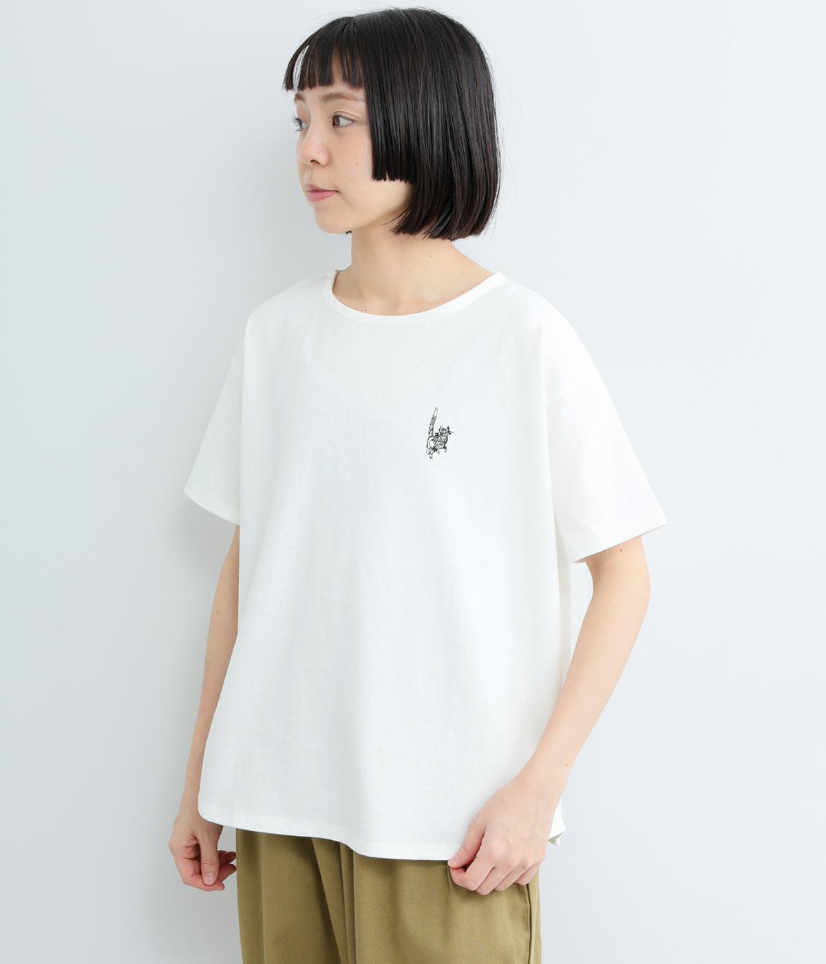 後ろ姿ねこ刺しゅう半袖プルオーバー(オフ-F)