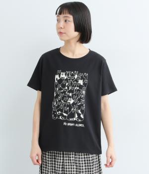 ぎっしりねこプリント半袖TEE(クロ-F)